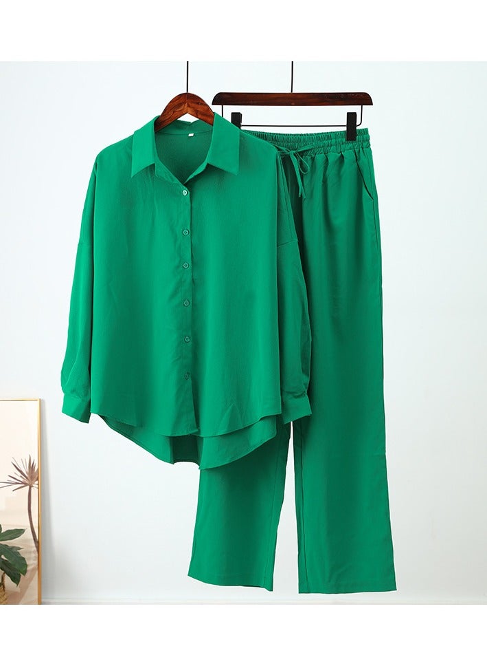 Shougu New Loose Elastic Wrinkled Long Sleeved Shirt Wide Leg Pants Casual Set  - Image 1