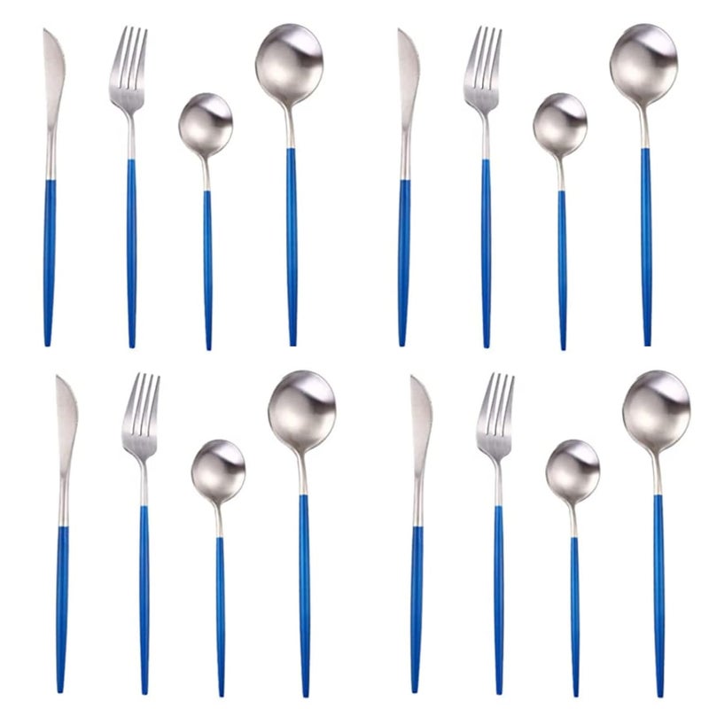 aDai Premium Silver SUS304 Stainless Steel Cutlery Set 8 Spoons 4 Fork 4 Steak Knife Mirror Finish Dinnerware Flatware Blue Set of 16 - Image 1