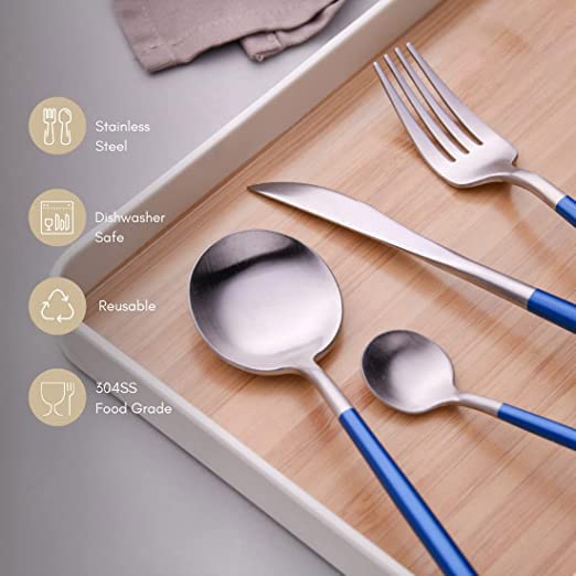 aDai Premium Silver SUS304 Stainless Steel Cutlery Set 8 Spoons 4 Fork 4 Steak Knife Mirror Finish Dinnerware Flatware Blue Set of 16 - Image 5