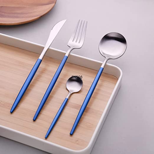 aDai Premium Silver SUS304 Stainless Steel Cutlery Set 8 Spoons 4 Fork 4 Steak Knife Mirror Finish Dinnerware Flatware Blue Set of 16 - Image 2