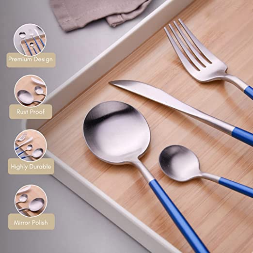 aDai Premium Silver SUS304 Stainless Steel Cutlery Set 8 Spoons 4 Fork 4 Steak Knife Mirror Finish Dinnerware Flatware Blue Set of 16 - Image 4