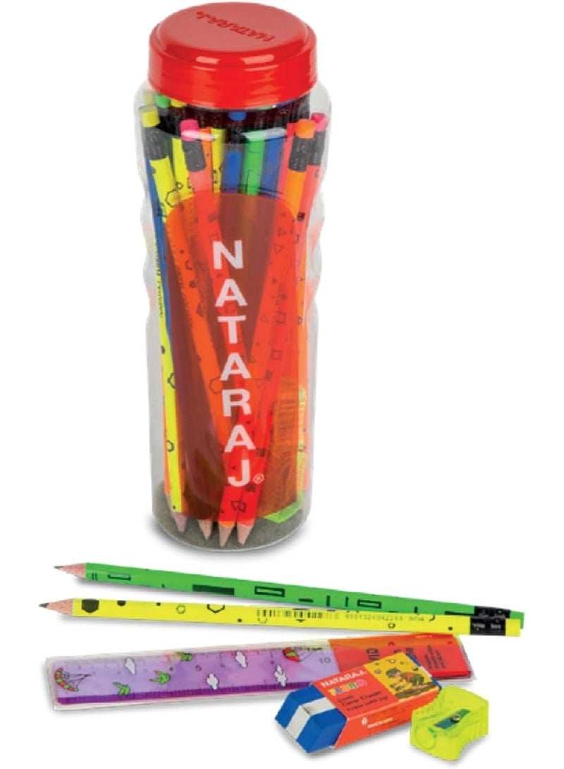 ناتاراج مجموعة أقلام رصاص ناتاراج HB متنوعة الألوان بنقوش فلورية - 30 قلم رصاص، 3 مبراة، ممحاة واحدة، مسطرة واحدة - عبوة في برطمان - Image 1