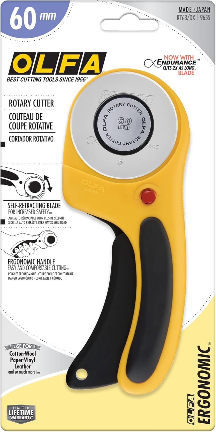 OLFA 60mm Ergonomic Rotary Cutter (RTY-3/DX) - Rotary Fabric Cutter w/Blade Cover & Squeeze Trigger for Quilting, Sewing, Crafts, Replacement Blade: OLFA RB60-1 - Image 3