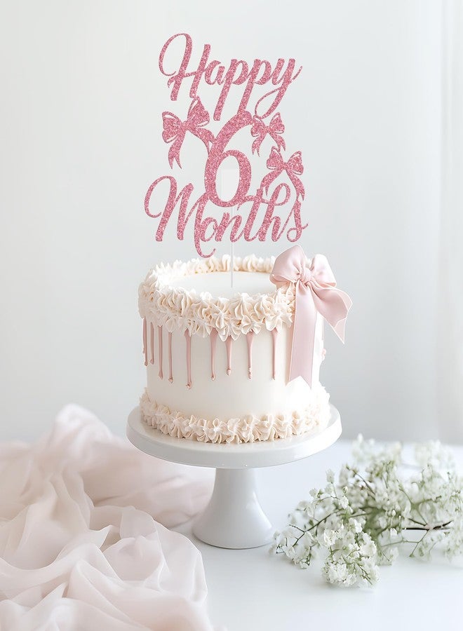 Yotawebery Bow Happy 6 Months Cake Topper, Happy 1/2 Birthday Decorations Girl, Half Way to One Cake Topper, Bowknot Half Birthday Party Decorations, Pink Glitter - Image 3