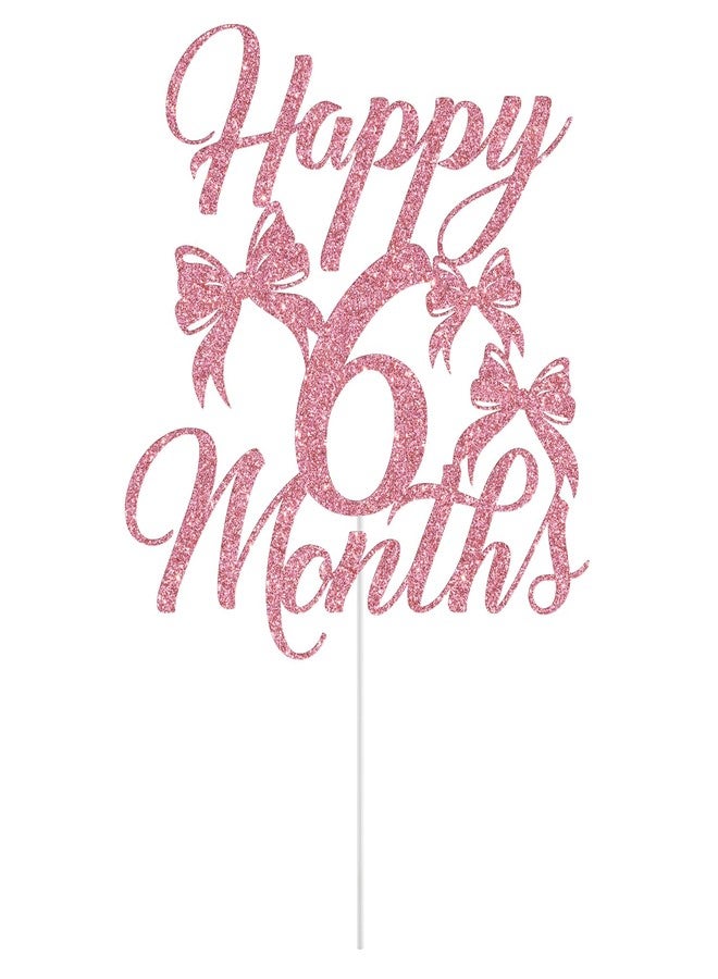 Yotawebery Bow Happy 6 Months Cake Topper, Happy 1/2 Birthday Decorations Girl, Half Way to One Cake Topper, Bowknot Half Birthday Party Decorations, Pink Glitter - Image 2