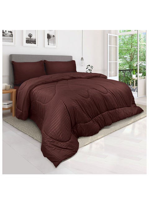 Down Alternative Comforter  Set -Ultra Soft Brushed Stripe Microfiber Fabric, 200GSM Soft Fibersheet Filling, Size :Single 160 x 200cm , Color: Chocolate