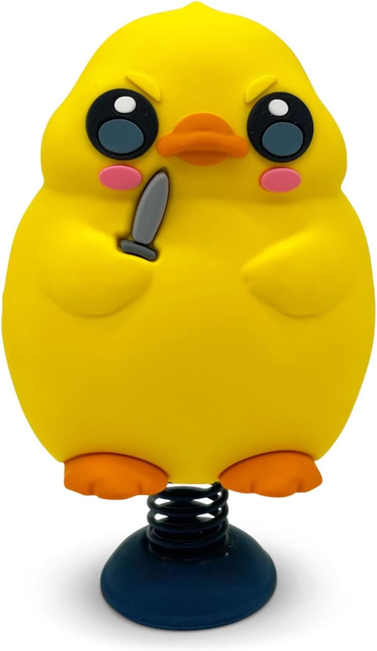 GOOFBALLS Duck with Knife Dashboard Dancer – Hilarious Bobblehead Angry Duck Holding a Knife – Funny Car Dashboard Toy – Soft Plastic with Adhesive Pad – Quirky Gift for Drivers, Office Desks & Gag Gift Lovers - Image 1