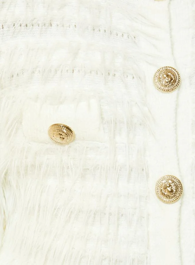 Take Two Furry Button Trim Detail Cardigan
