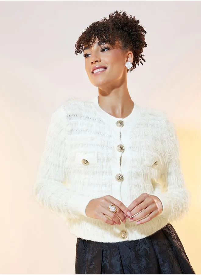 Styli Furry Button Trim Detail Cardigan