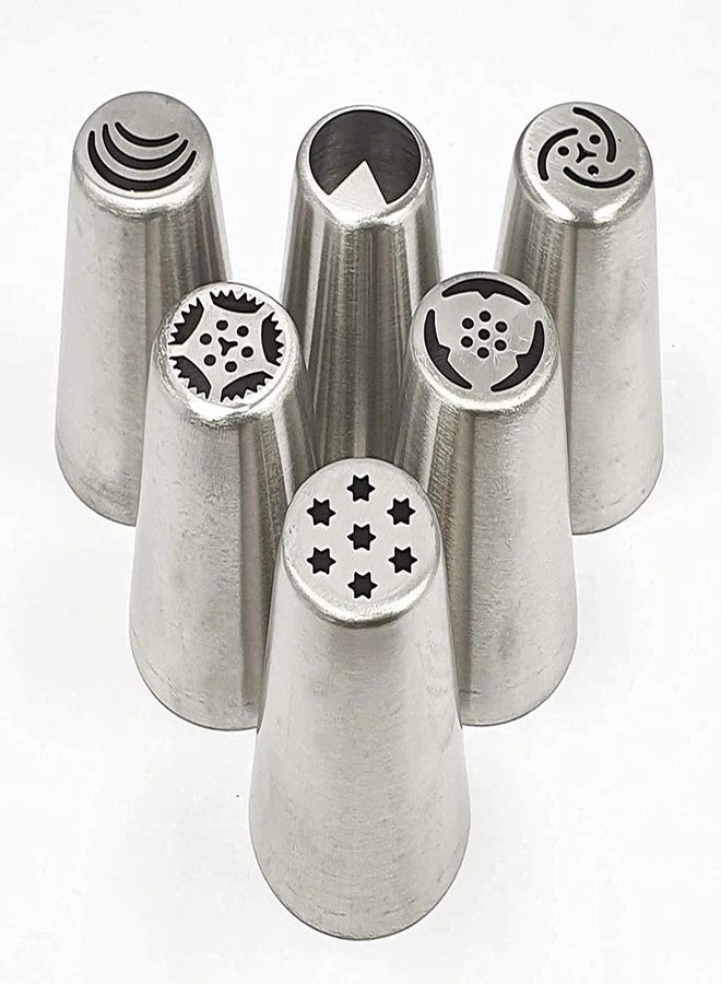 Baking Set Cake Decorator Random Design Russian Icing Steel Piping Nozzle Set of 6 Best Cake Decoration (Stainless Steel) - Image 1
