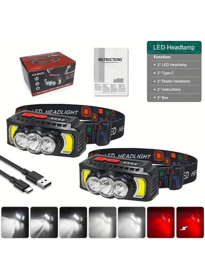 2pcs Black Super Bright LED COB Headlamp Red Warning USB Rechargeable 1200mAh - Image 1