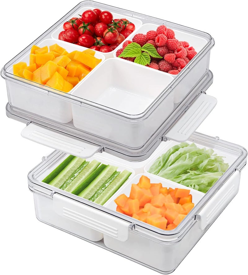 MineSign 2Pack Divided Veggie Tray with Lid Snackle Box Serving Container Salad Keeper with 4 Removable Boxes Stackable Refrigerator Organizer Bins Produce Saver for Meal Prep Fruit - Image 1