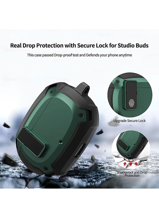 Generic - Beats Studio Buds Case, Secure Lock Hard Shell Protective Skin Cover Shockproof Case, with Carabiner Support Wireless Charge (Black+Green) - Image 1