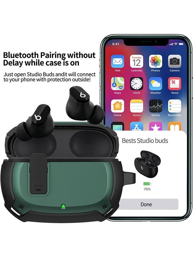 Generic - Beats Studio Buds Case, Secure Lock Hard Shell Protective Skin Cover Shockproof Case, with Carabiner Support Wireless Charge (Black+Green) - Image 1
