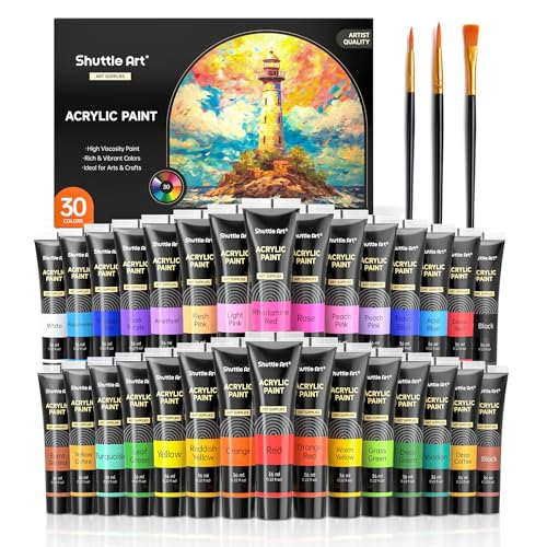 Shuttle Art 30 Colors Acrylic Paint Set, 36ml Tubes with 3 Brushes, Artist Grade Acrylic Paint, for Kids Adults Beginners, Painting on Crafts Canvas Wood Rocks - Image 1