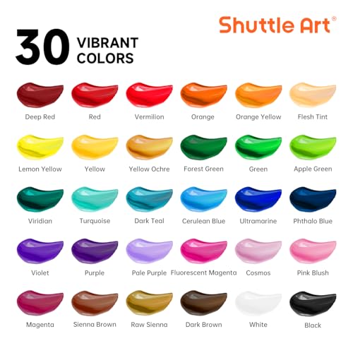 Shuttle Art 30 Colors Acrylic Paint Set, 36ml Tubes with 3 Brushes, Artist Grade Acrylic Paint, for Kids Adults Beginners, Painting on Crafts Canvas Wood Rocks - Image 2