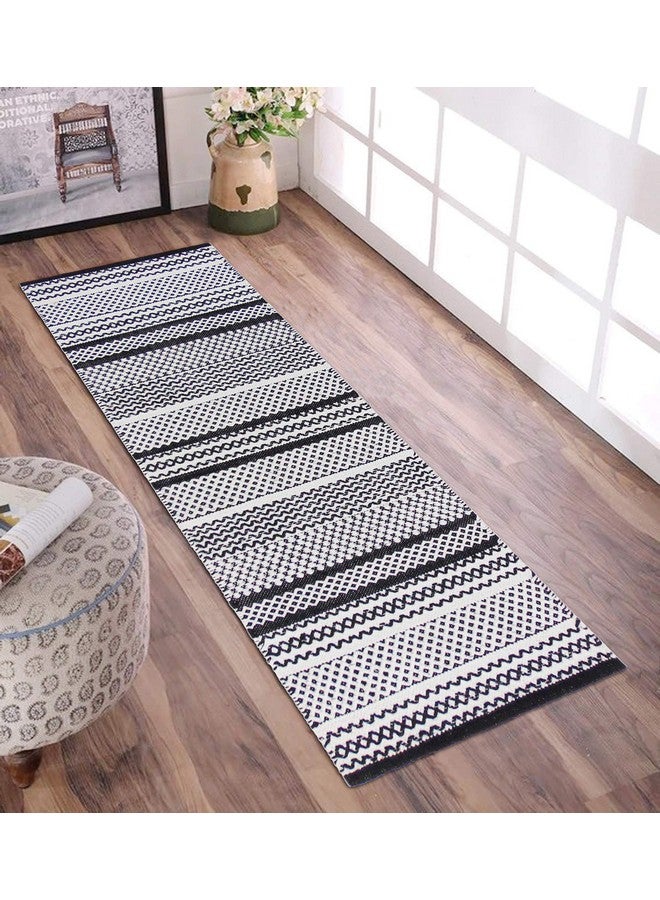 MDZ® Modern Decorative Zone - Hand Woven 100% Cotton Designer Striped Rug, Bed Side Runner for Bedroom, Living Room, Passage, Style: Modern, Size: 45x130 cm | Eco Friendly (Black White) - Image 2