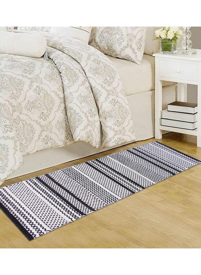MDZ® Modern Decorative Zone - Hand Woven 100% Cotton Designer Striped Rug, Bed Side Runner for Bedroom, Living Room, Passage, Style: Modern, Size: 45x130 cm | Eco Friendly (Black White) - Image 1