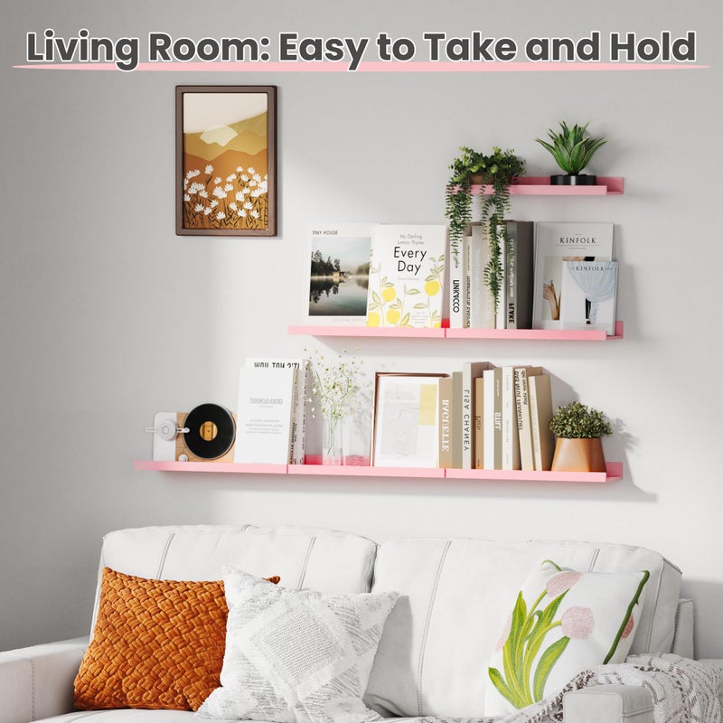 upsimples Pink Shelves for Wall, Pink Room Decor for Teen Girls, Bedroom, Living Room, Game Room, 6 Pack Wall Mounted Wood Shelves for Picture, Plants - Image 5