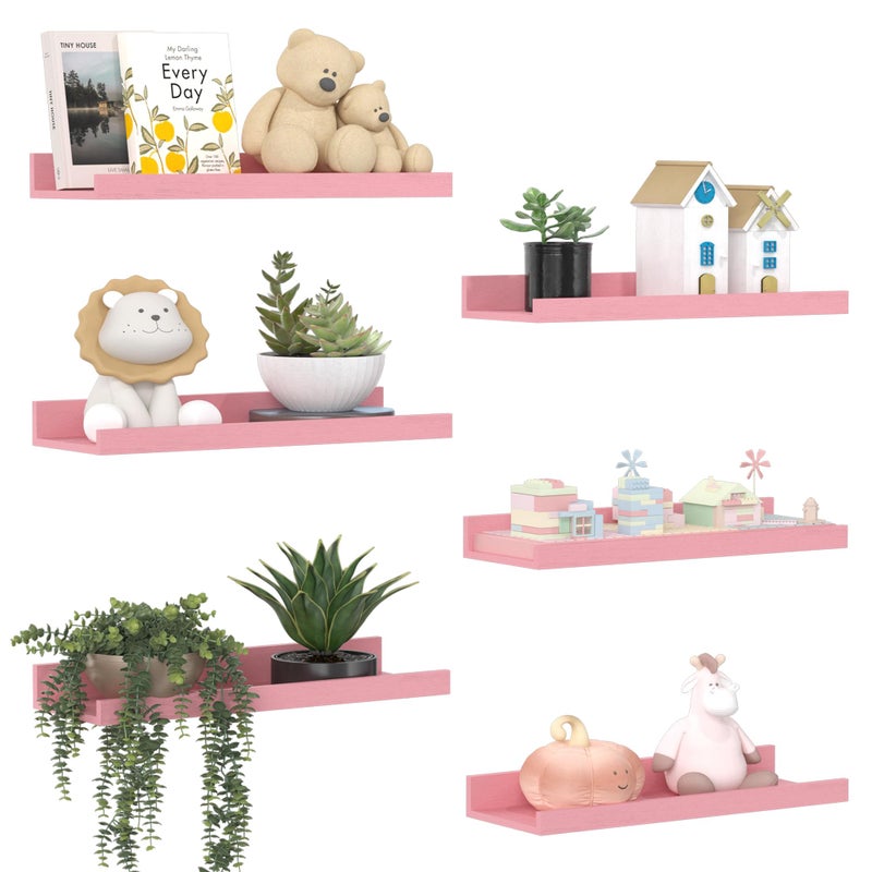 upsimples Pink Shelves for Wall, Pink Room Decor for Teen Girls, Bedroom, Living Room, Game Room, 6 Pack Wall Mounted Wood Shelves for Picture, Plants - Image 1