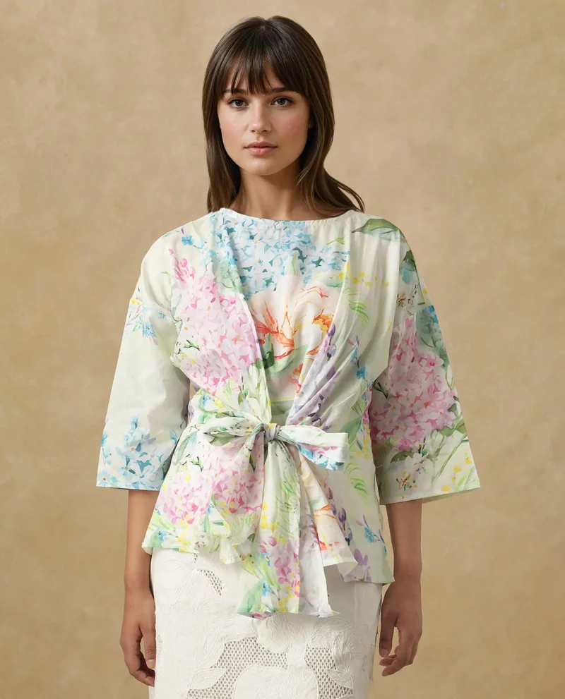 Rareism Women's Blooming Elegance Floral Cotton Top
