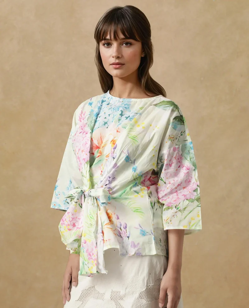 Rareism Women's Blooming Elegance Floral Cotton Top