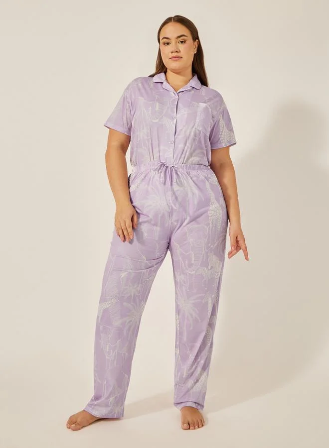 Styli Styli Plus Size Animal Printed Collared Shirt and Pyjama Pants Set