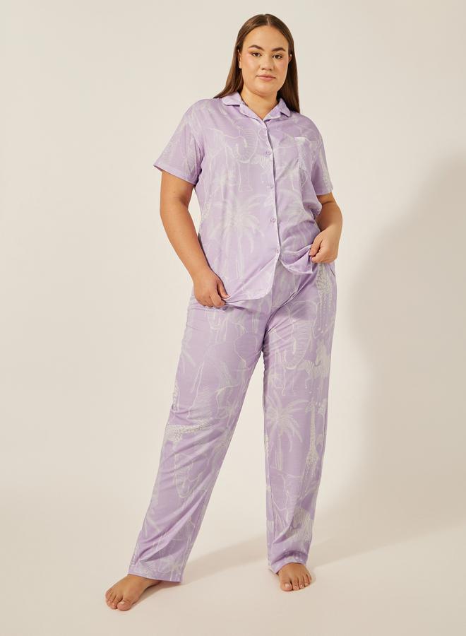Styli Styli Plus Size Animal Printed Collared Shirt and Pyjama Pants Set  - Image 1