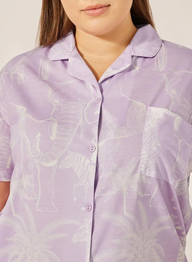 Styli Styli Plus Size Animal Printed Collared Shirt and Pyjama Pants Set