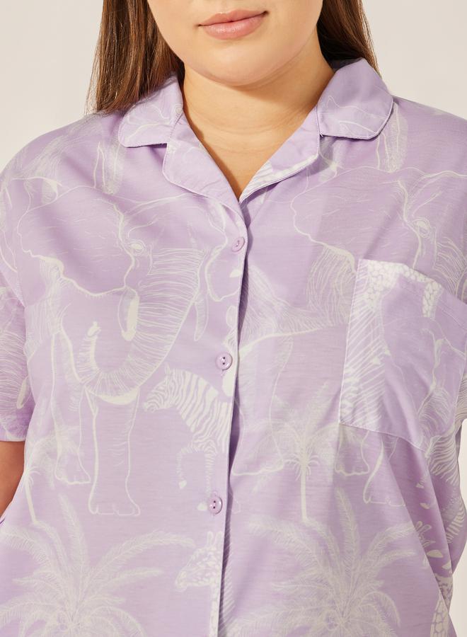 Styli Styli Plus Size Animal Printed Collared Shirt and Pyjama Pants Set  - Image 3