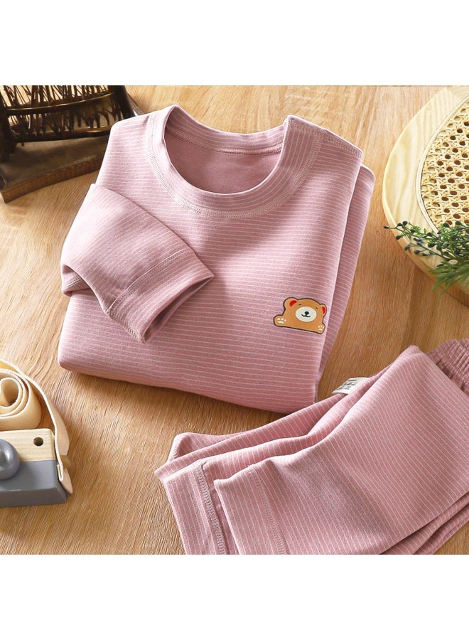 Children's Boneless Velvet Mid-high Collar  Clothes Long Pants Suit Men's And Women's Baby Striped Thickened Thermal Underwear Suit