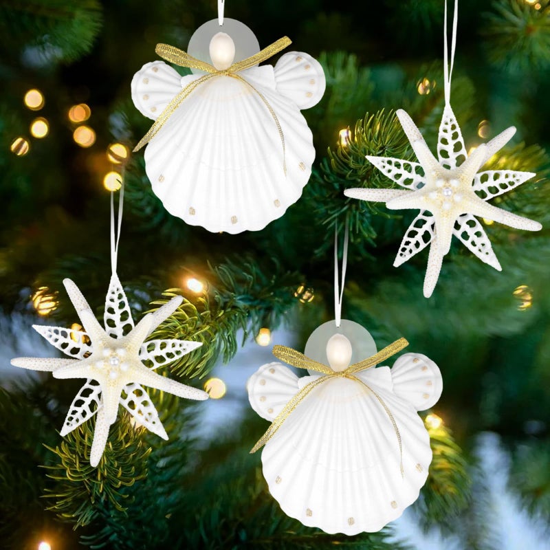 JQAQJU Seashell Starfish Ornaments for Christmas Tree 4PCS Angel Ornaments & Snowflake Ornaments Handmade Natural Seashells & Starfish Crafts  for Coastal & Beach & Nautical Christmas Tree Ornaments - Image 1