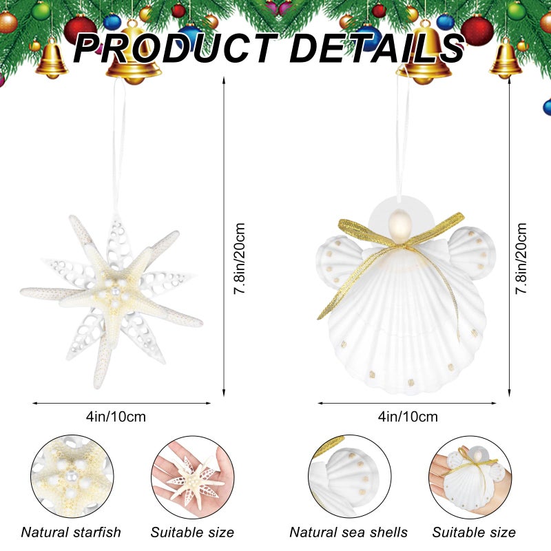 JQAQJU Seashell Starfish Ornaments for Christmas Tree 4PCS Angel Ornaments & Snowflake Ornaments Handmade Natural Seashells & Starfish Crafts  for Coastal & Beach & Nautical Christmas Tree Ornaments - Image 3