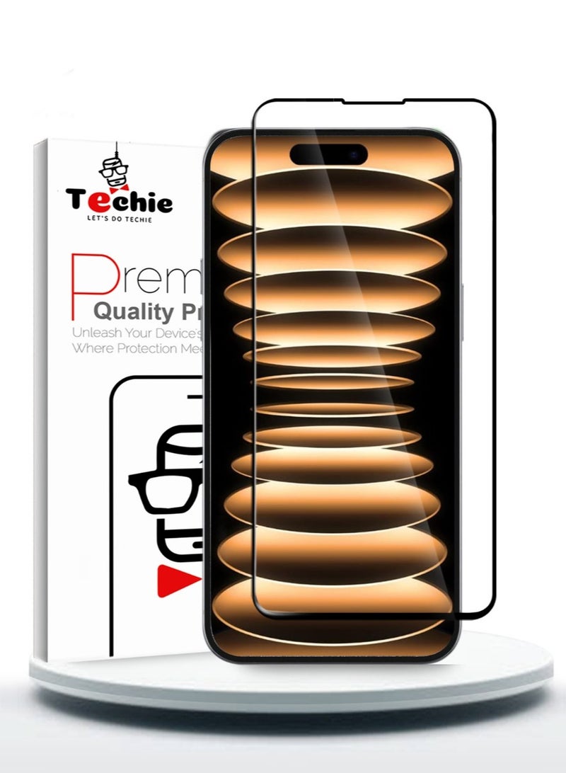 Techie واقي شاشة كامل من الزجاج المقوى عالي الجودة بدرجة صلابة 10H لهاتف iPhone 16 Pro Max - مضاد للخدش ومضاد لبصمات الأصابع ومضاد للفقاعات - Image 1