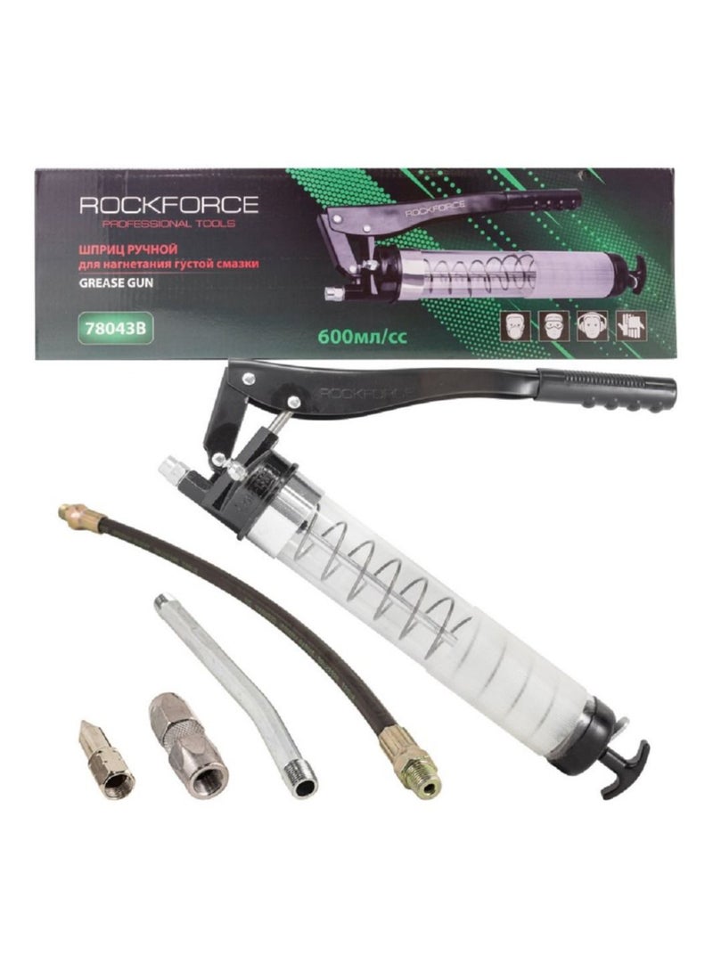 ROCKFORCE Heavy Duty Lever-Action Manual 600ml Grease Gun, Premium Dual Lip Follower with a Rigid (L-170mm) and Flexible (L-330mm) Tips
