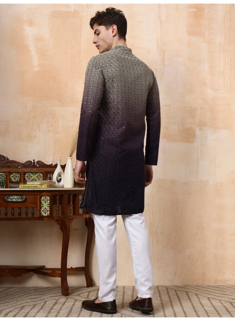 Devoiler Mens Dual Tone Thread Work Viscose Rayon Kurta Set - Image 5