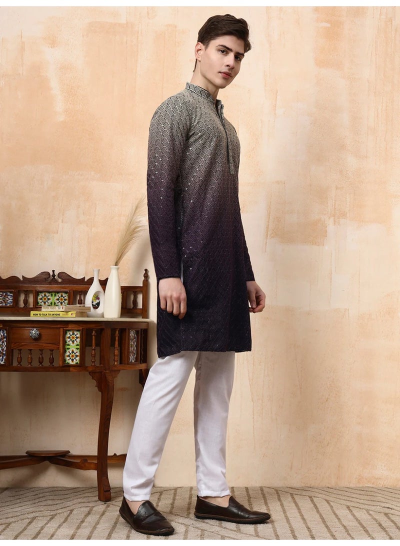 Devoiler Mens Dual Tone Thread Work Viscose Rayon Kurta Set - Image 3