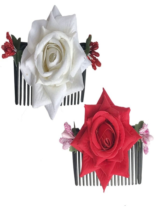 Arooman™ Artificial Rose Flower Juda Comb, Side Comb/Clips For Women/Girls, Hair Accessories For Wedding And Party, Multicolor, Pack-02 - Image 1