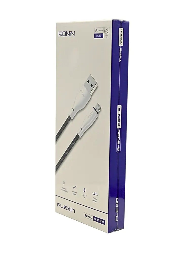 رونين كابل رونين فليكسين R-2025 من USB-A إلى Micro USB - شحن سريع 2.4 أمبير - مجدول محمي - نقل بيانات - طول 1.2 متر - مضاد للتشابك - متين - للاندرويد والأجهزة اللوحية وأجهزة Micro USB - أزرق - Image 2