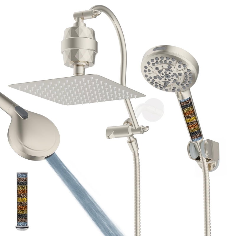 Hibbent All Metal 10 Filtered Rainfall Shower Head Combo High Pressure Handheld Shower Head with 12 Adjustable Curved Extension Arm 20 Stage Shower Filter 10spray 71 Hose Brushed Nickel