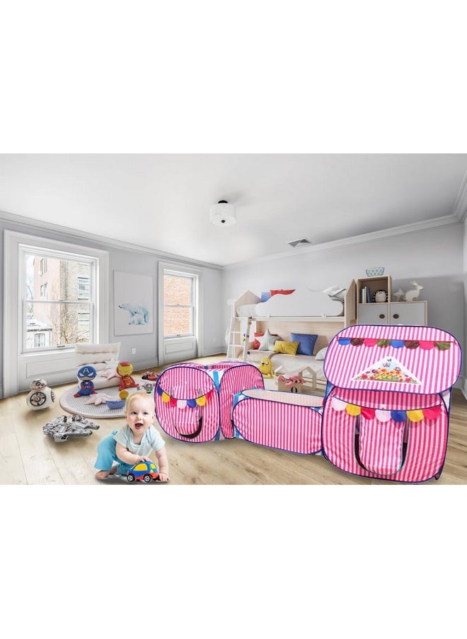 HomeCute Homecute Small Size 3 in 1 Kids Play Tent House with Crawl Tunnel, Cube Tent & Hut Tent House (Pink White)  - Image 3