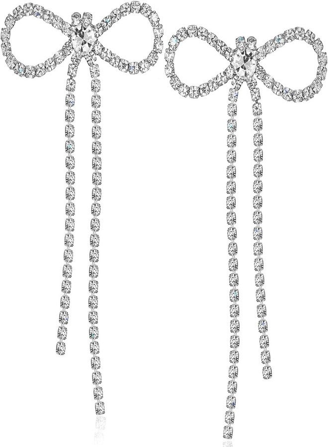 هامبل شيك نيويورك أقراط فيونكة فضية اللون للنساء - أقراط طويلة فضية اللون للنساء، أقراط فيونكة متدلية لامعة مع شرابات مرصعة بأحجار الراين، مجوهرات أنيقة وجذابة لحفلات التخرج أو العودة إلى الوطن - Image 1