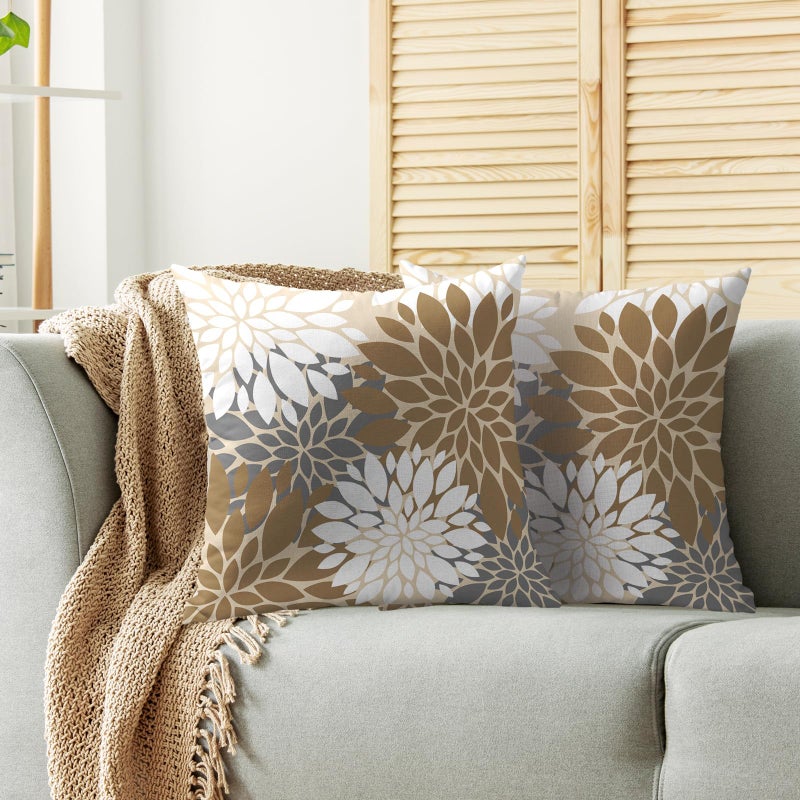 Smozenith Smozenith Brown White Grey Gray Pillow Covers 18X18 Inch Set of 2  Spring Modern Geometry Dahlia Floral Print Decorative Throw Pillow Covers Outdoor Farmhouse Cushion Case for Couch Sofa Bed Decor  - Image 2