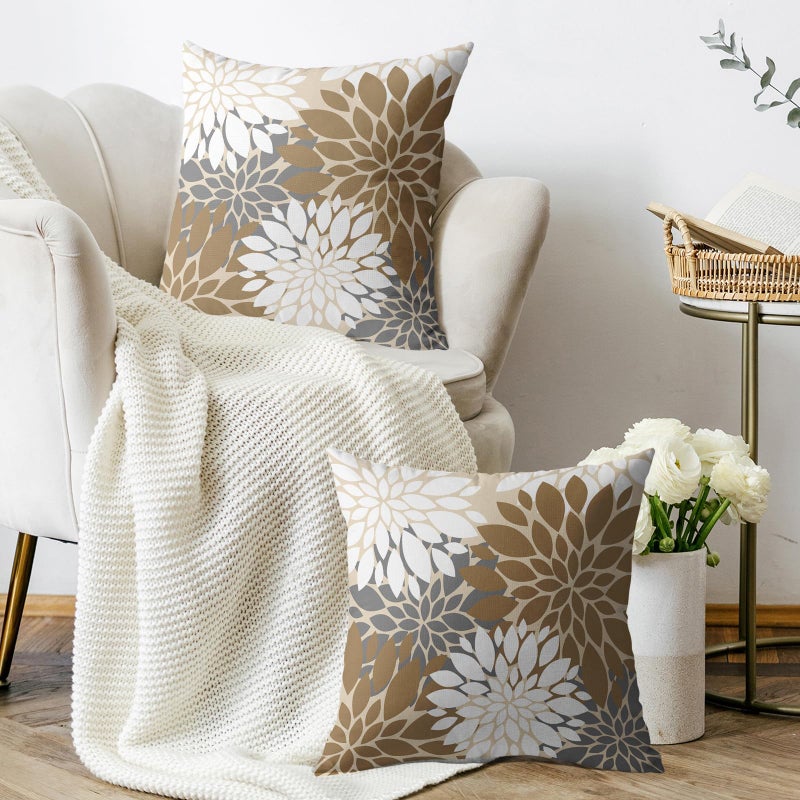 Smozenith Smozenith Brown White Grey Gray Pillow Covers 18X18 Inch Set of 2  Spring Modern Geometry Dahlia Floral Print Decorative Throw Pillow Covers Outdoor Farmhouse Cushion Case for Couch Sofa Bed Decor  - Image 3