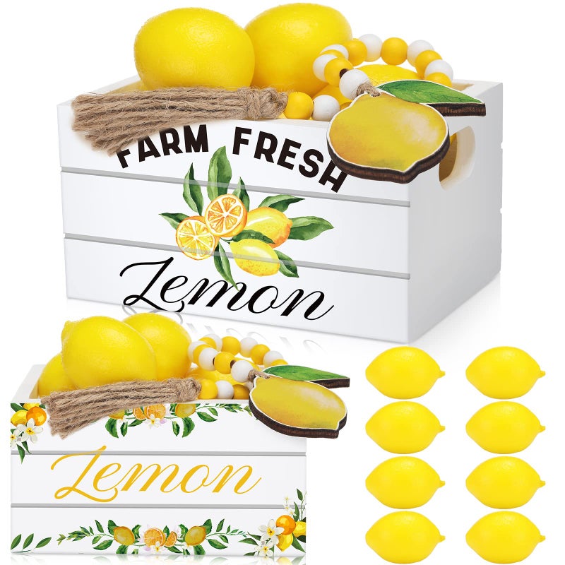 Qunclay Lemon Mini Crate Summer Tiered Tray Decor with 8 Faux Lemons with Wood Bead Tassel Farmhouse Lemonade Kitchen Decorations Summertime Wood Crate for Decor - Image 1