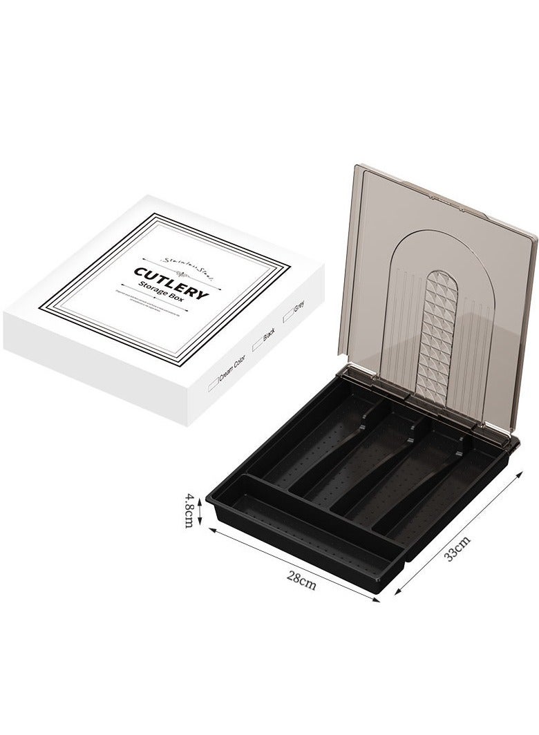 Silverware Tray 5 Compartments Covered Utensil Tray for Drawer and Countertop Spoons Forks Knives Holder Plastic Cutlery and Flatware Storage Box with Lid (brown,With lid)  - Image 2