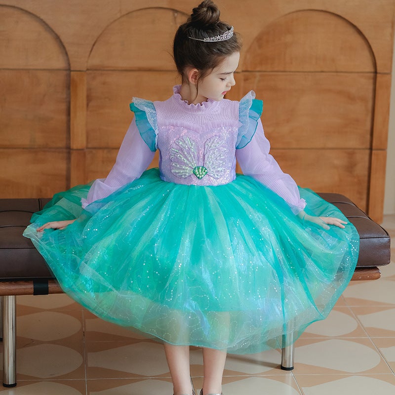 Girls 2023 Winter Mermaid Princess Sweater Knitted Long Sleeve Dress 2285# princess dress