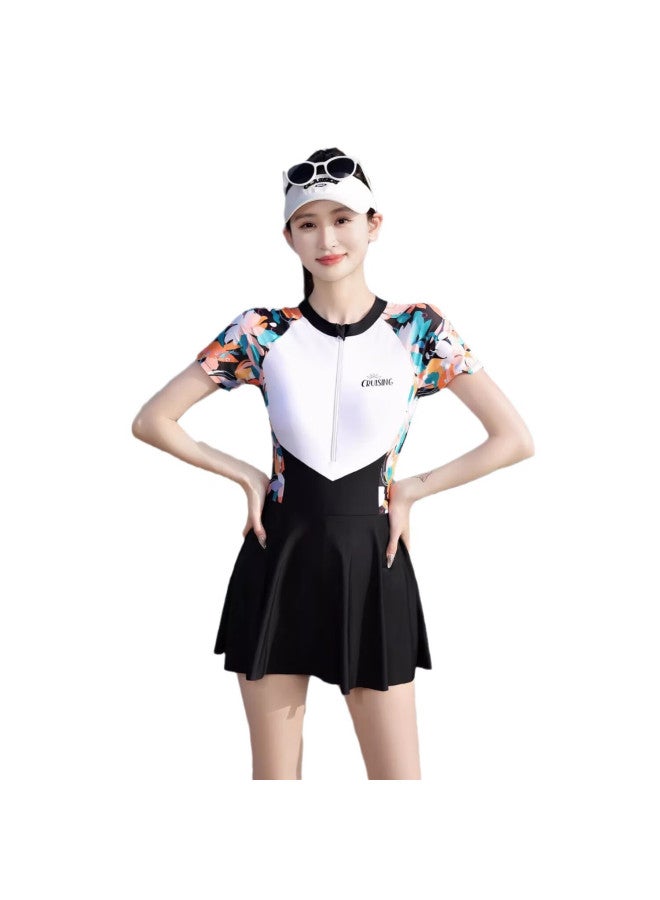 F.dyraa Women's Conservative One-piece Swimsuit Dress Style Cover Belly Slimming Plus Size Hot Spring Swimming Suit Three-piece Set 15146 Black XL - Image 5