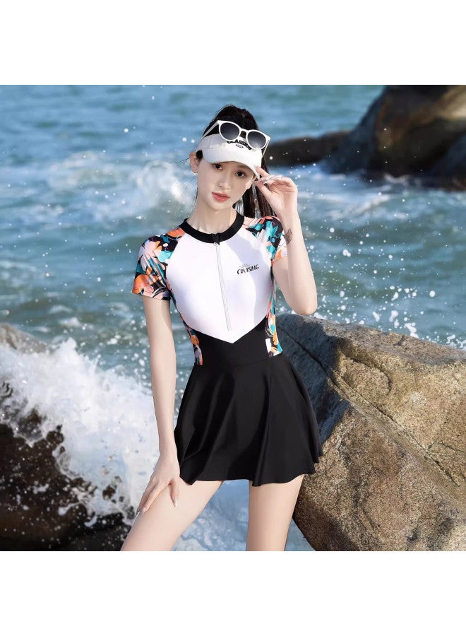 F.dyraa Women's Conservative One-piece Swimsuit Dress Style Cover Belly Slimming Plus Size Hot Spring Swimming Suit Three-piece Set 15146 Black XL - Image 1