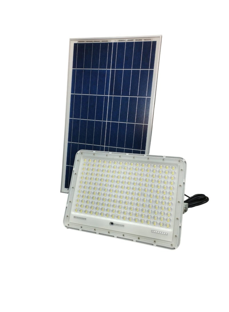 Qenos 300W Solar Powered Outdoor LED Flood Light with Solar Panel and Remote Control - White 6500K - Image 1